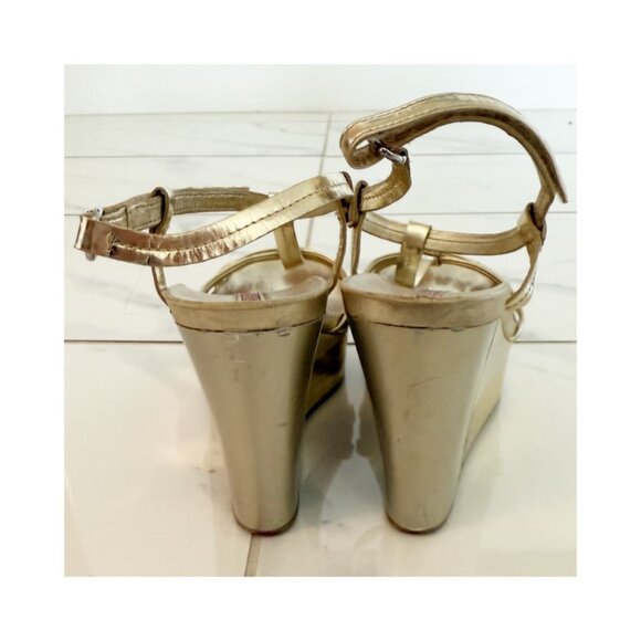 PRADA Gold Leather T Strap Wedge Sandals Size 38.5 (8.5) Y2K - Picture 4 of 11